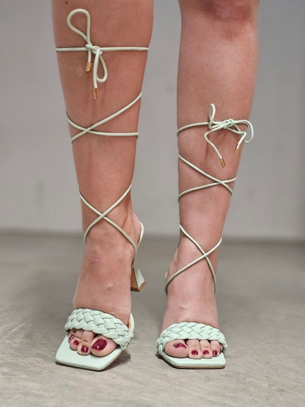 Strappy Mint Green Lace-Up Heeled Sandals With Braided Front Design Square Toe A